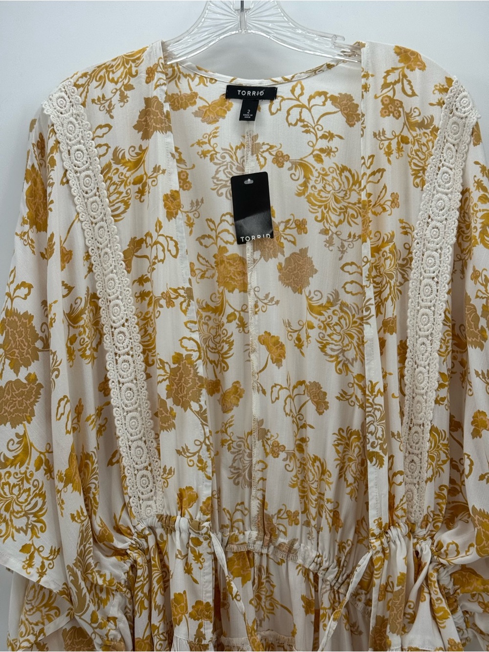 Chico’s Boho Floral Kimono Top Cream Gold Lace Trim Tie Waist Flowy Blouse Sz 2 - Picture 4 of 14